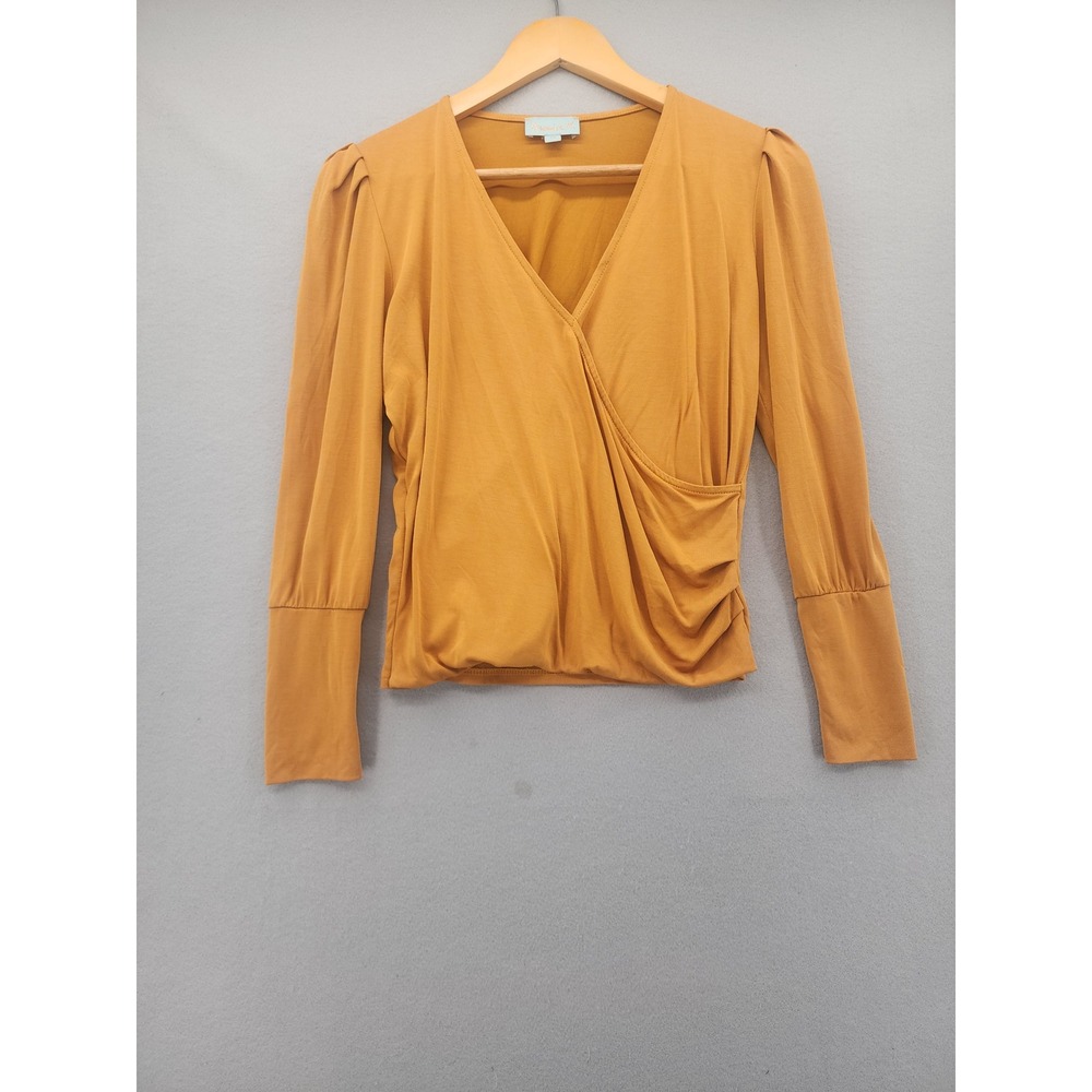 Veronica M Mustard‎ Yellow Wrap Top Long Sleeve Puff Shoulder Blouse XS Trendy